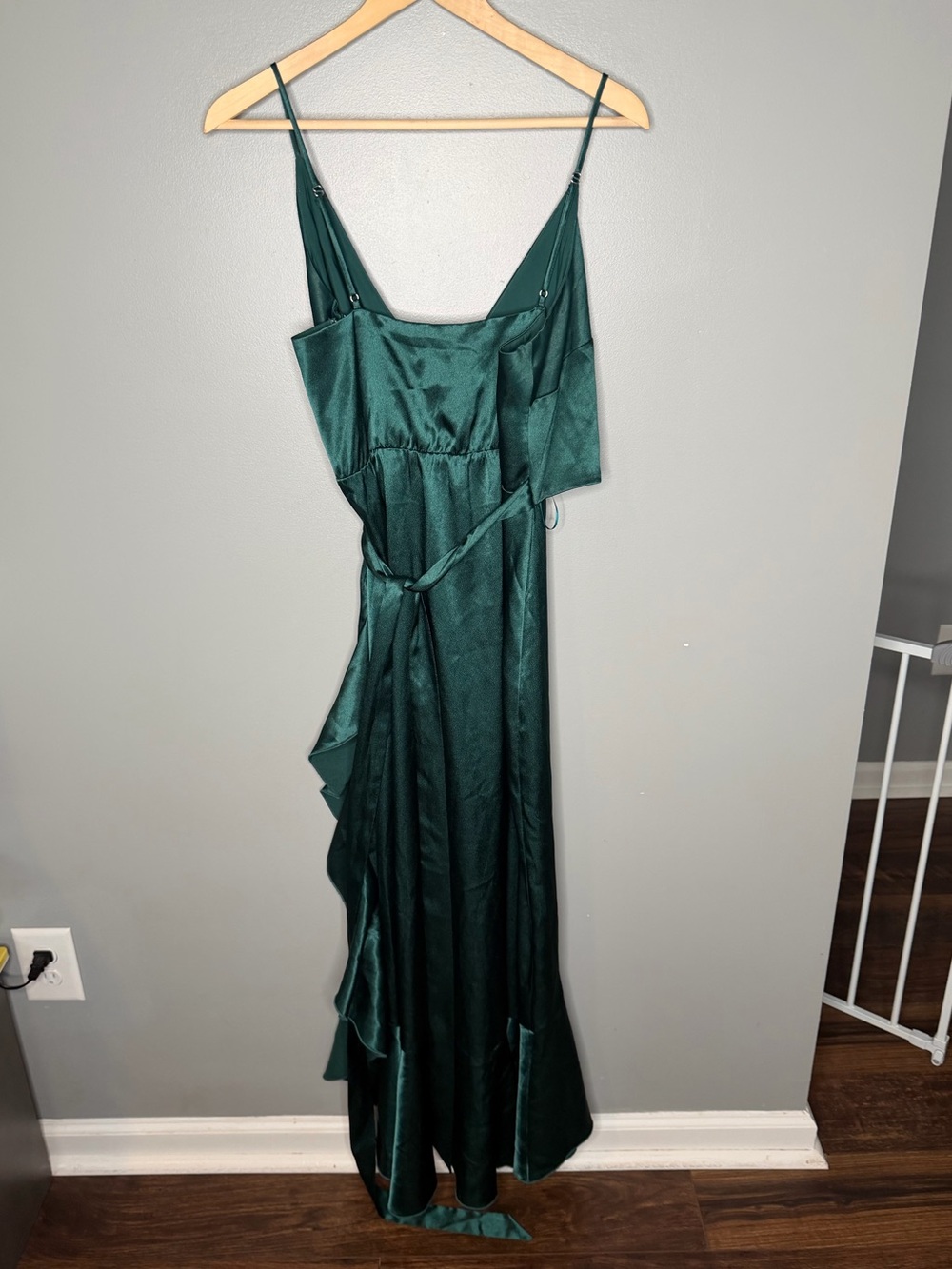 Birdy Grey Emerald Satin Crossover Flounce Ruffle Dress - Picture 5 of 8